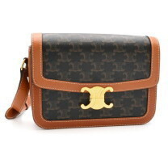 Celine Triomphe Bag Canvas Calfskin Shoulder Bag Tan Brown - Picture 1 of 8
